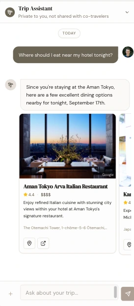 WanderLuxe Trip Assistant answering where to eat near the Aman Tokyo with restaurant cards.