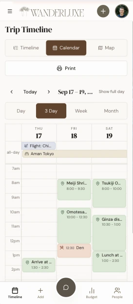 WanderLuxe trip calendar in a three-day view: the flight in, the hotel, and each day's plans.