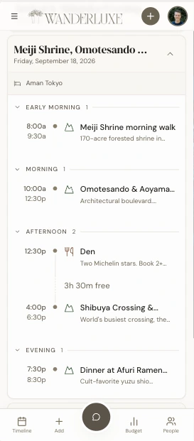 WanderLuxe day view for Friday, September 18 in Tokyo: the hotel, then Meiji Shrine, Omotesando, lunch at Den and Shibuya Crossing grouped by time of day.