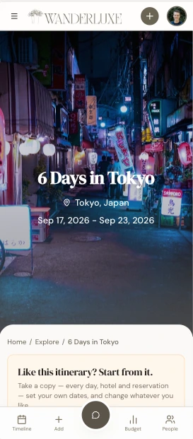 WanderLuxe example itinerary, 6 Days in Tokyo, with an offer to copy it as the start of your own trip.